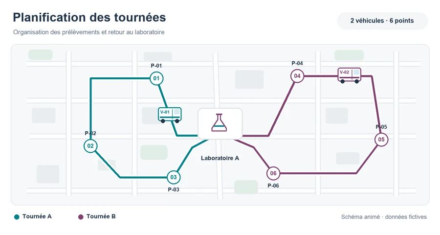 Schéma fictif de tournées de prélèvement et de déplacements de camionnettes.