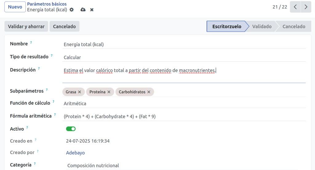 Captura del sistema LIMS mostrando parámetros nutricionales calculados como proteínas, grasas y carbohidratos.