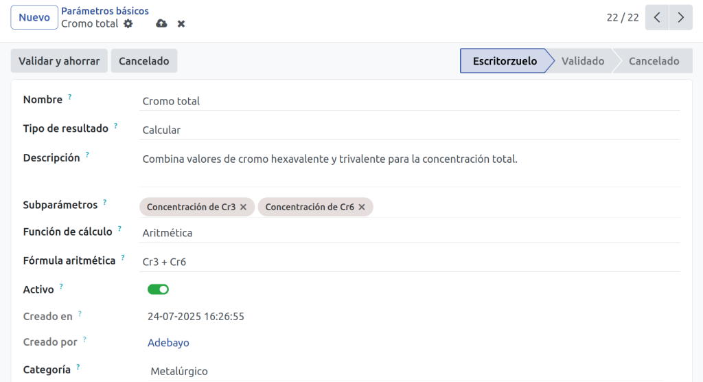 Parámetros calculados para pruebas metalúrgicas en software LIMS.