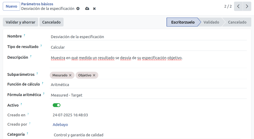Módulo de parámetros calculados que muestra fórmulas y relaciones entre variables.