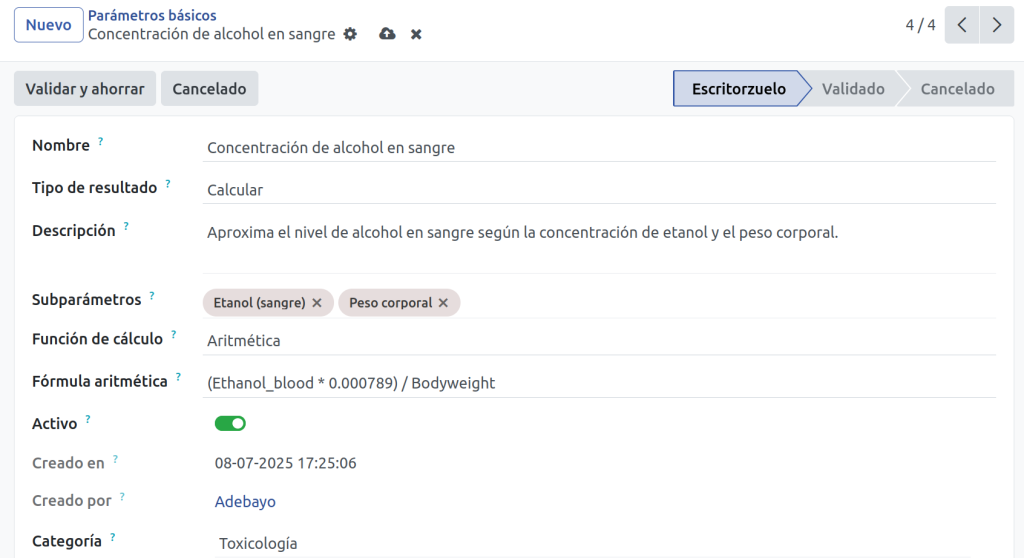 Ejemplo de parámetros calculados como concentración de alcohol, niveles de plomo o presencia de narcóticos.