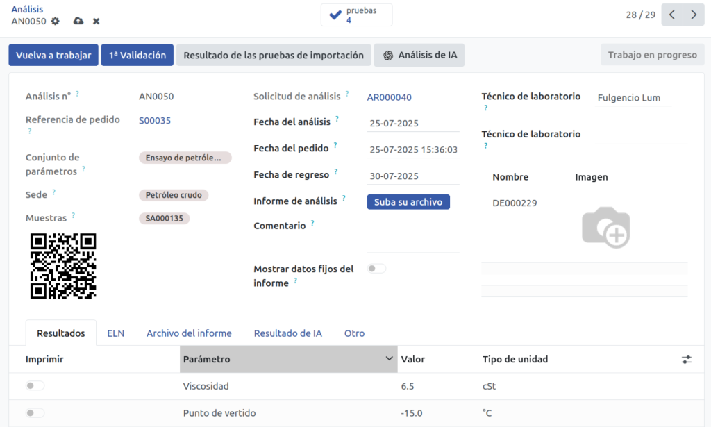Página de análisis químico con flujo desde prueba hasta validación final.