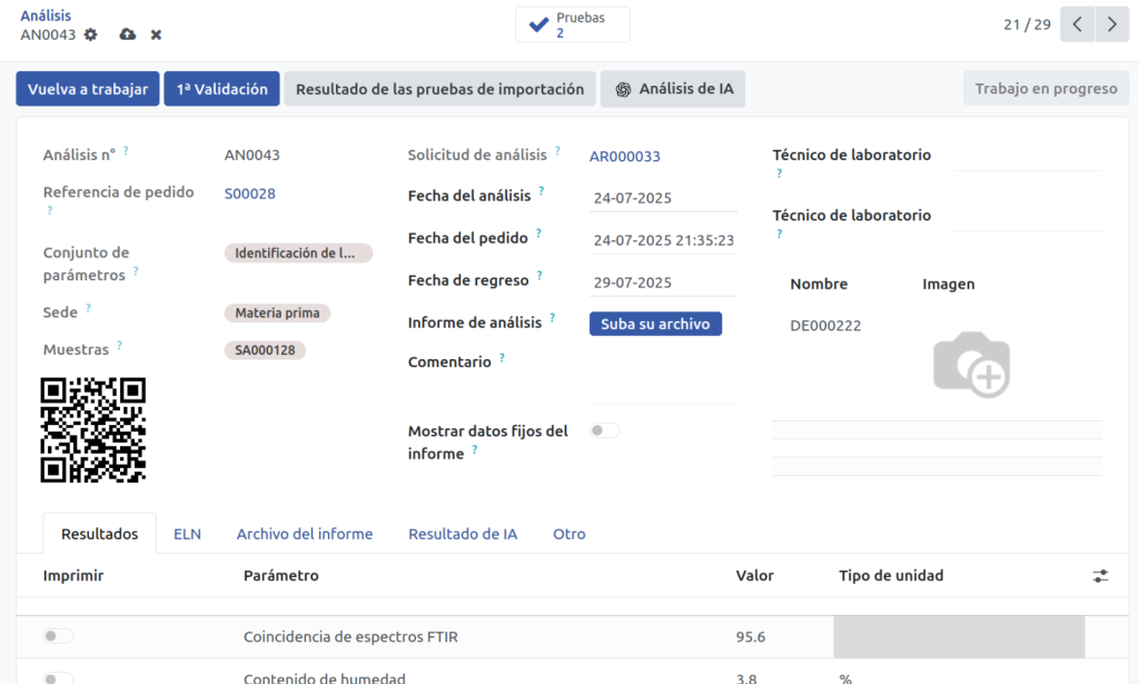 Interfaz de análisis de laboratorio con seguimiento desde la toma de muestra hasta la validación