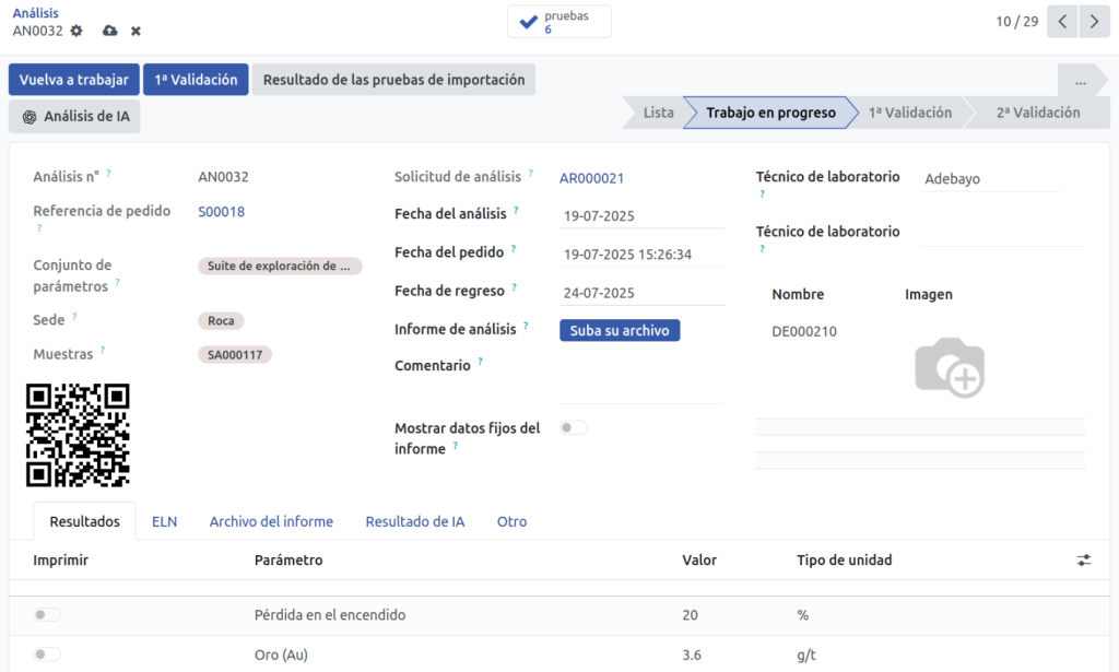 Pantalla del flujo de análisis con seguimiento del progreso, validaciones y estados de cada muestra.