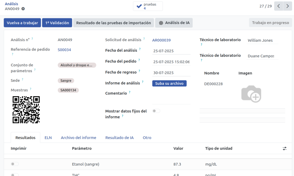 Pantalla de análisis en proceso con trazabilidad completa y estados de validación para pruebas forenses.