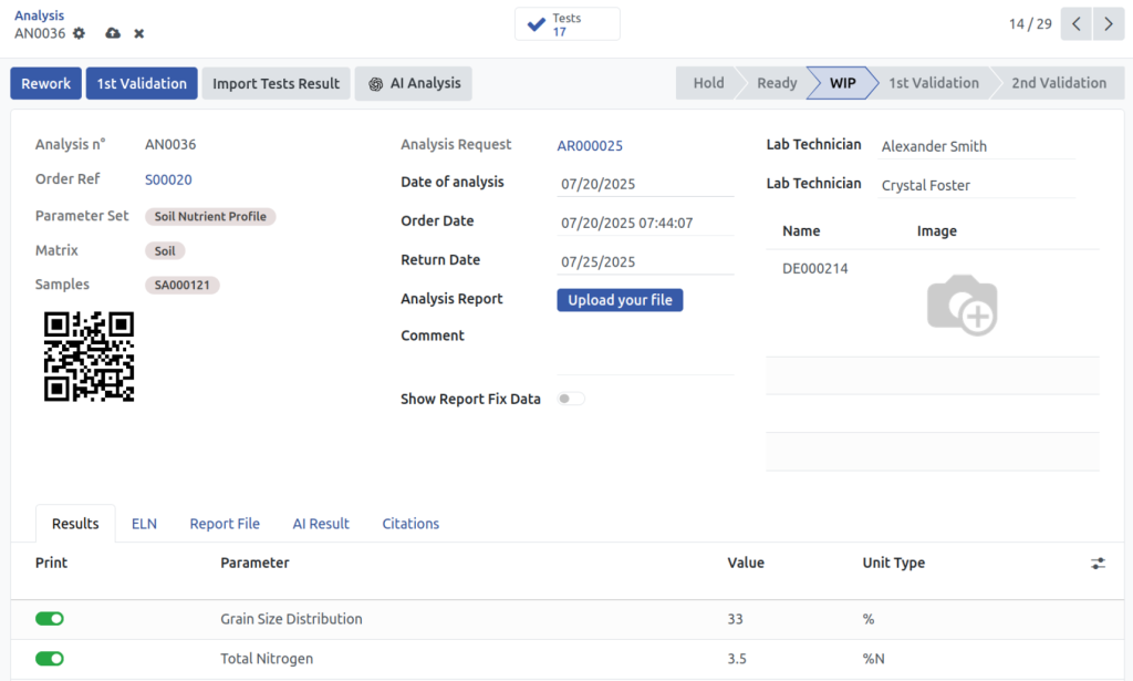 Soil testing LIMS analysis interface