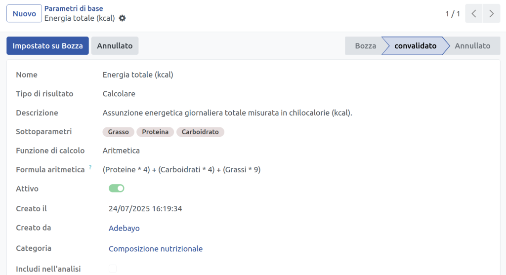 Parametro energia totale kcal in un'interfaccia software LIMS