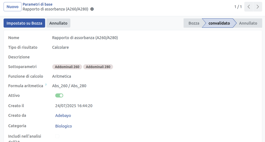 Parametro calcolato dai laboratori di ricerca