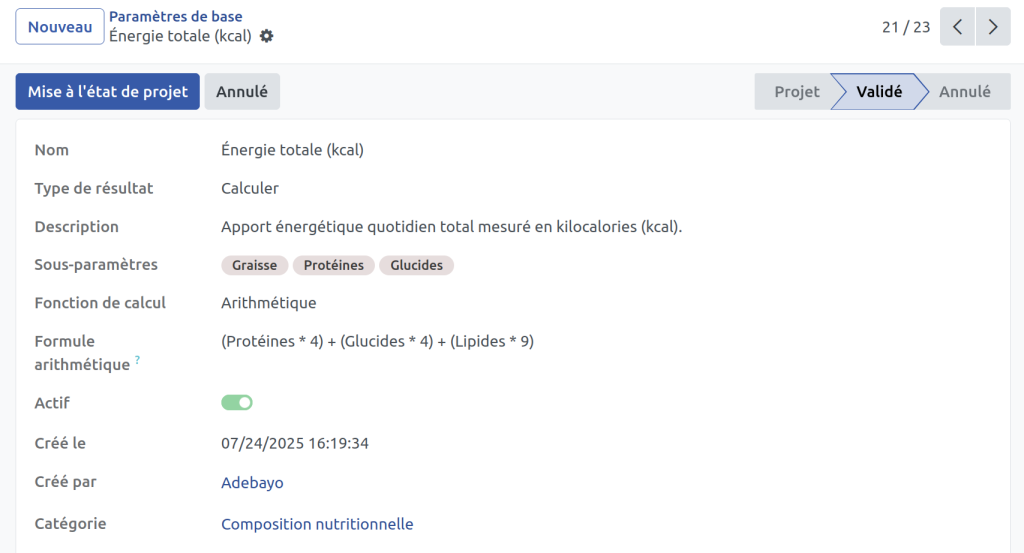total des calories paramètre calculé par le laboratoire alimentaire