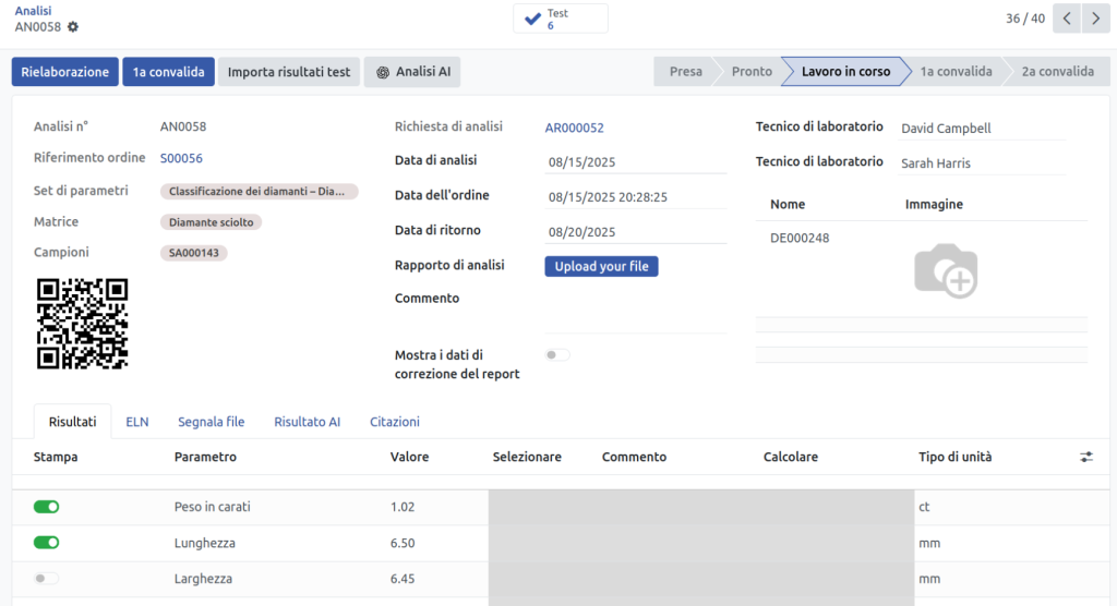 Interfaccia software per analisi di laboratorio dei diamanti