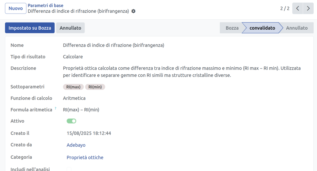 Parametro di differenza dell'indice di rifrazione delle pietre preziose LIMS