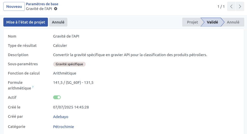 Paramètre chimique calculé à partir de la densité API