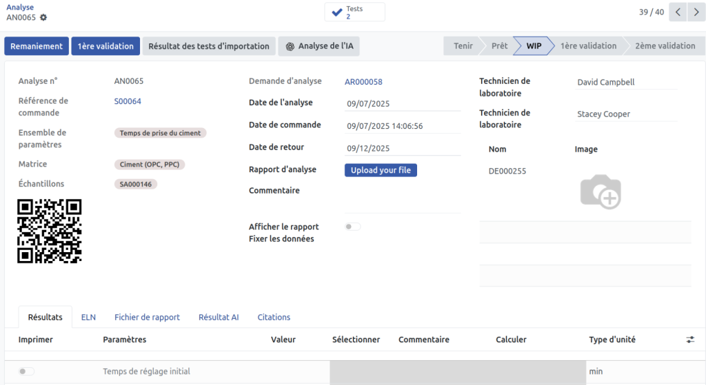 Interface d'analyse pour logiciel de test de matériaux de construction