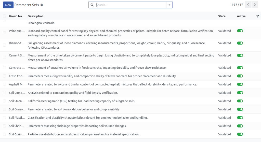 Construction materials testing parameter software interface
