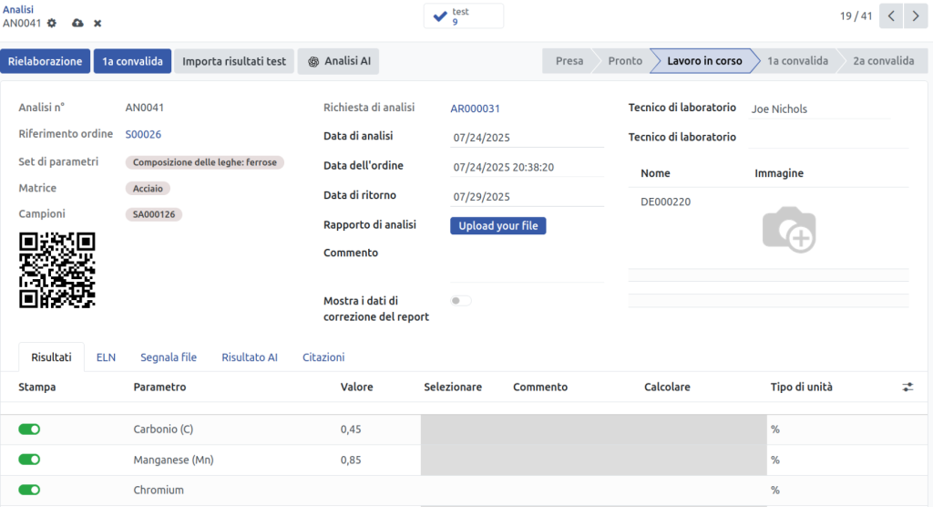 Interfaccia software LIMS per analisi di laboratorio minerario