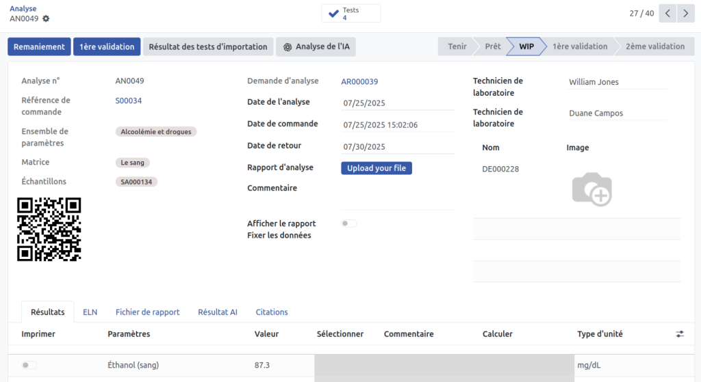 Logiciel de laboratoire d'analyse toxicologique sanguine