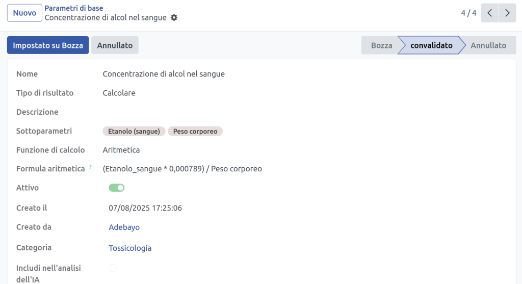 Parametro forense relativo alla concentrazione di alcol nel sangue