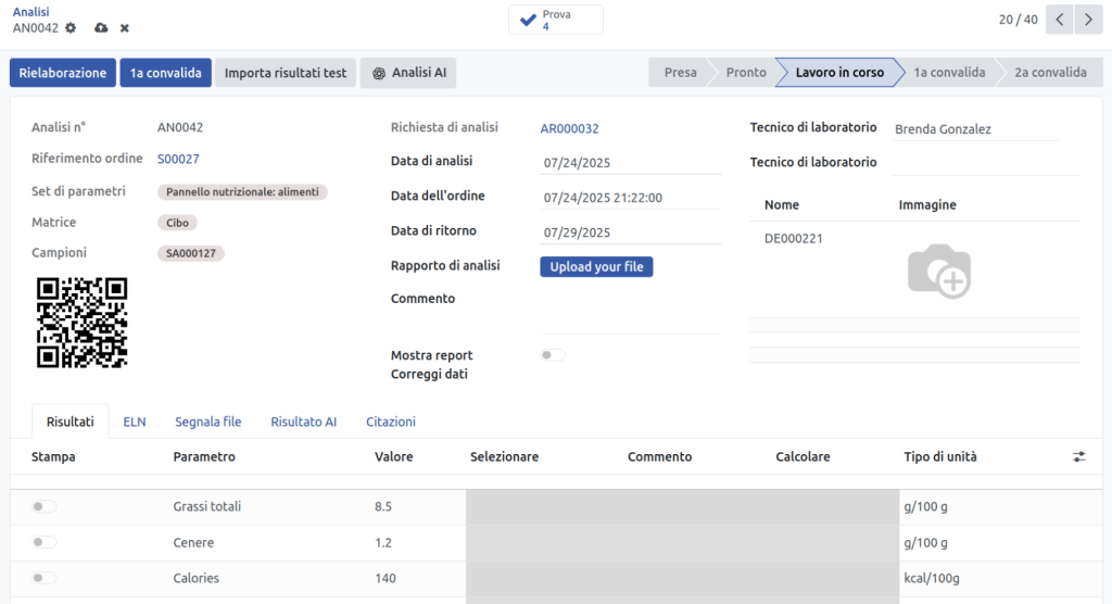 Software per l'analisi dei test su alimenti e bevande
