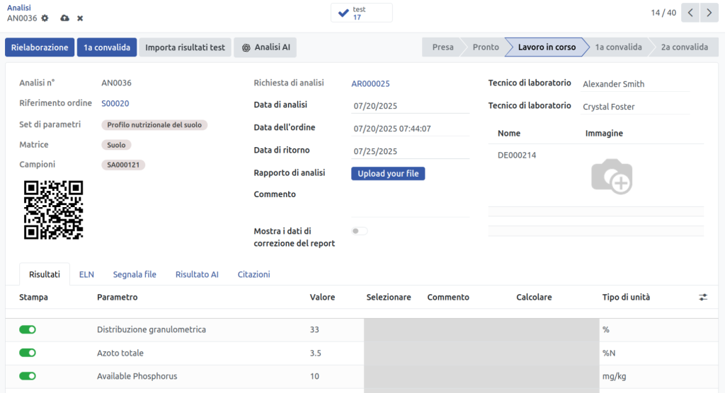 interfaccia software LIMS per test di laboratorio in agricoltura