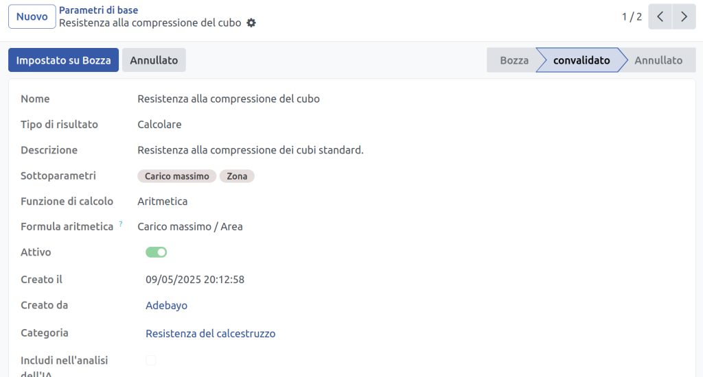 parametro di prova del cemento