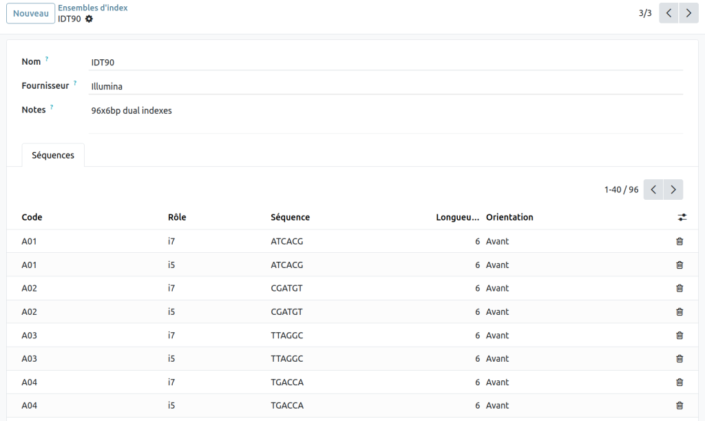 Interface d'ensemble d'index montrant IDT90 avec 96 séquences d'index doubles et leurs propriétés