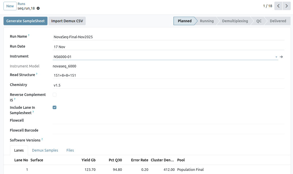 Sequencing run interface showing NovaSeq 6000 run parameters and lane-level QC metrics