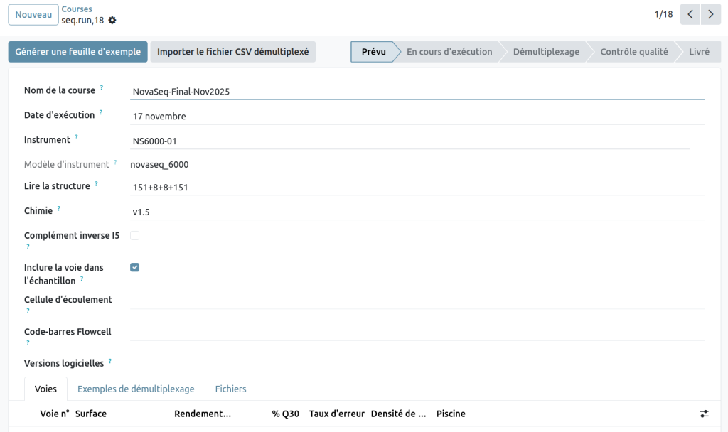 Interface de séquençage montrant les paramètres NovaSeq 6000 et les métriques QC au niveau des pistes