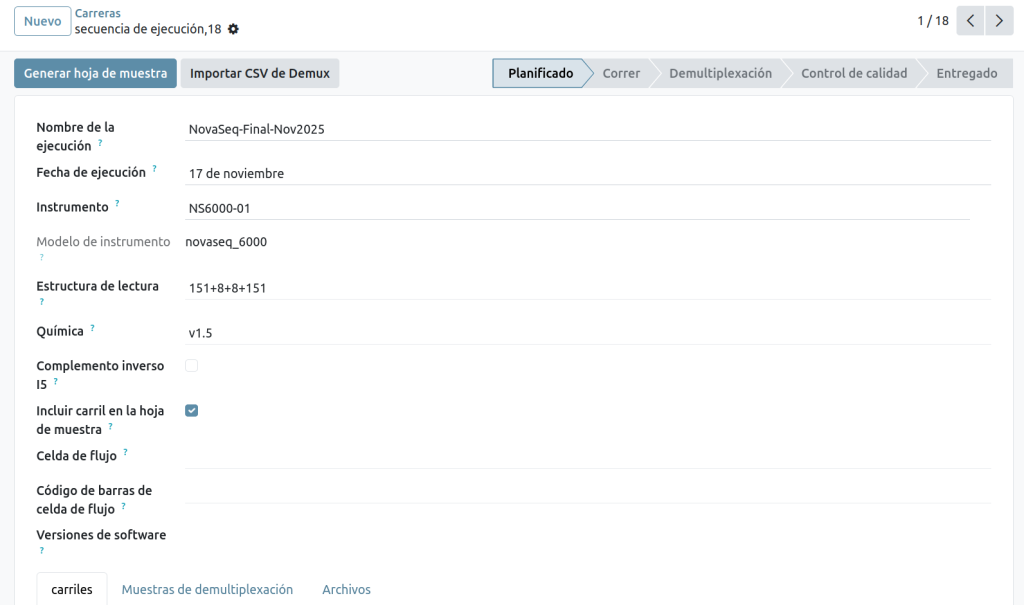 Interfaz de corrida de secuenciación mostrando parámetros de NovaSeq 6000 y métricas de QC a nivel de carril