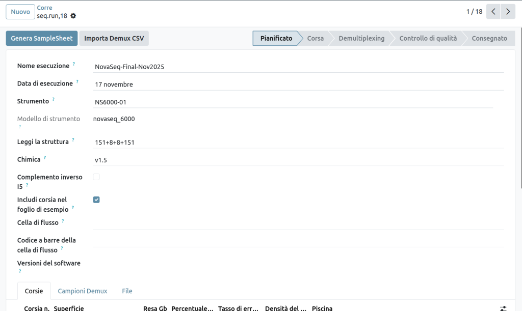 Interfaccia di sequenziamento che mostra i parametri di NovaSeq 6000 e le metriche QC a livello di corsia