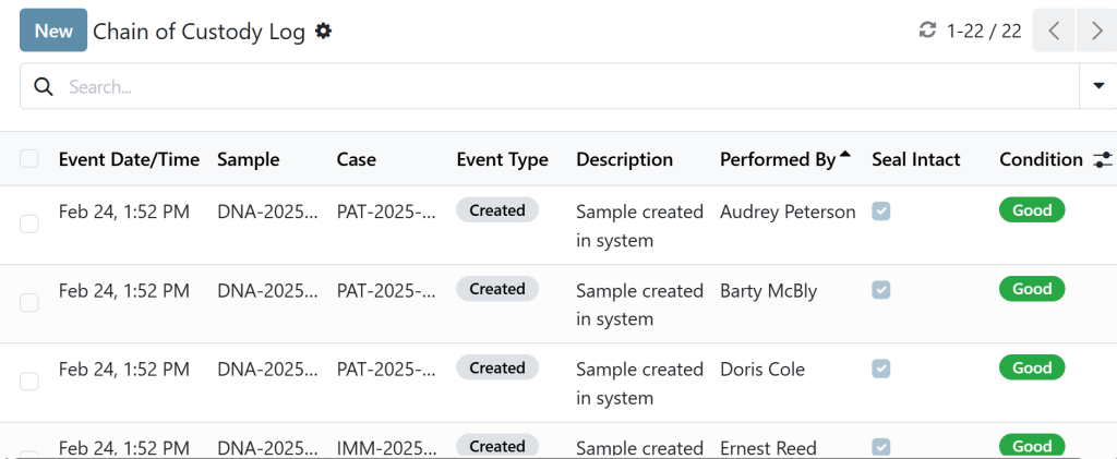 Forensic LIMS chain of custody log showing timestamped events, seal integrity checks, sample condition and responsible analyst
