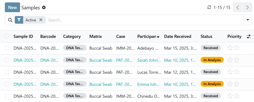Forensic LIMS sample tracking list showing DNA buccal swab samples linked to paternity and immigration cases with barcode and status