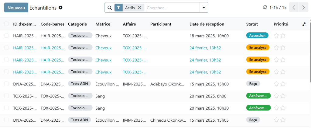 LIMS forensique avec liste d'échantillons d'écouvillon buccal reliés à des dossiers de paternité et d'immigration, avec code-barres et statut d'analyse