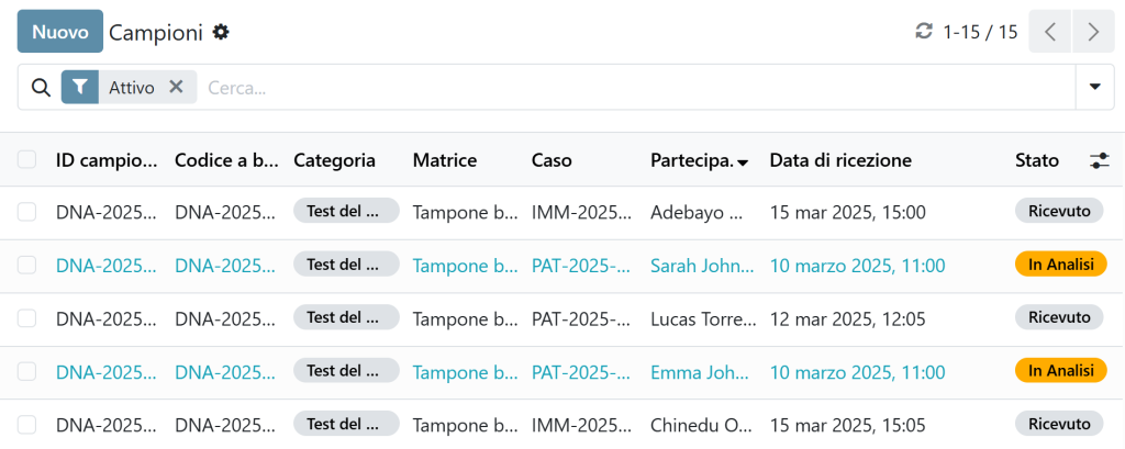 LIMS forensico con elenco campioni di tampone buccale collegati a casi di paternità e immigrazione, con codice a barre e stato di analisi