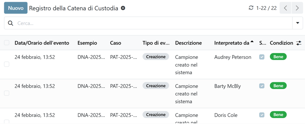 Registro della catena di custodia nel LIMS forensico con eventi con timestamp, verifica dei sigilli, condizione del campione e analista responsabile