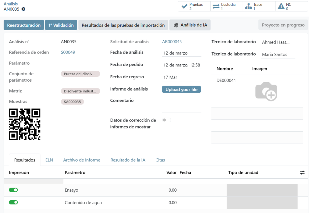 Gestión de ensayos químicos y validación de resultados