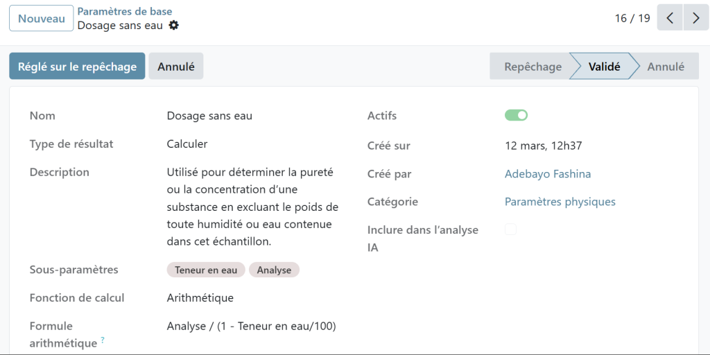 Paramètre calculé sur un LIMS chimique