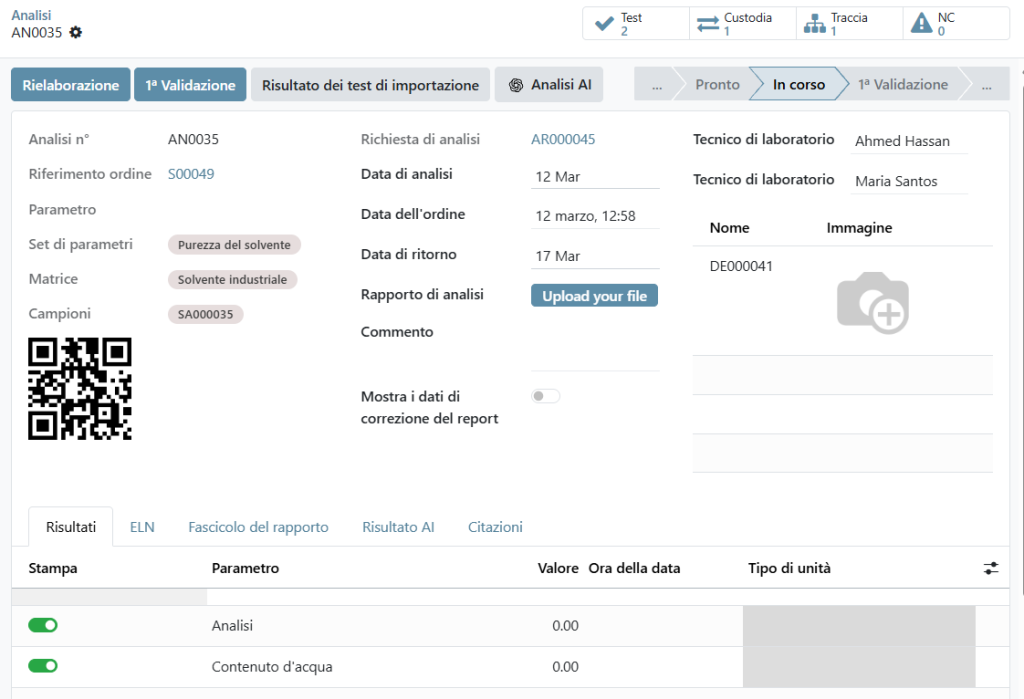 Parametro calcolato in un'analisi chimica LIMS