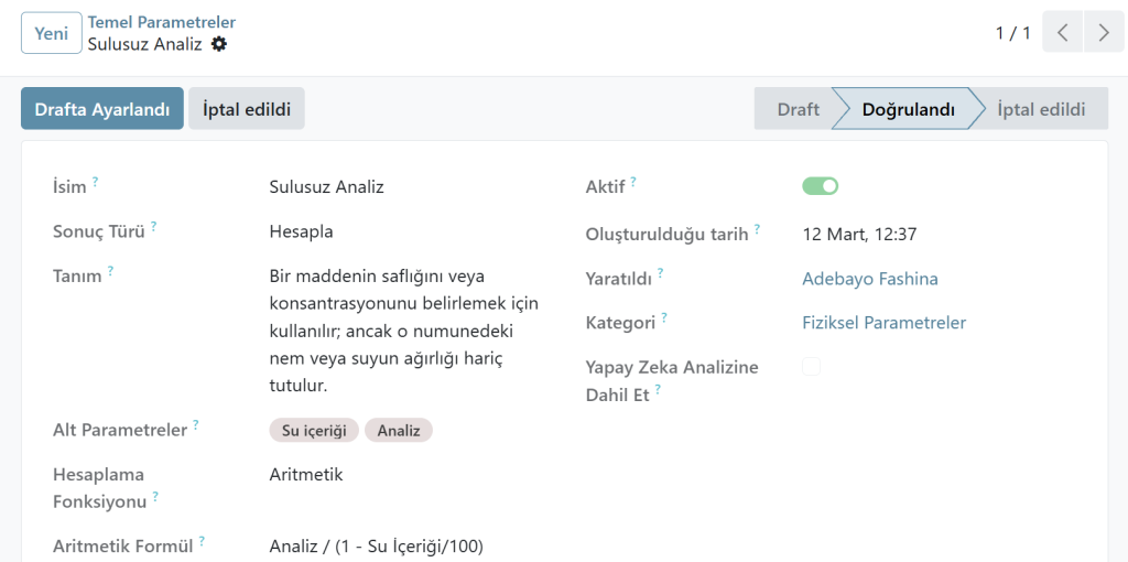 LBYS kimyasal hesaplama parametresi